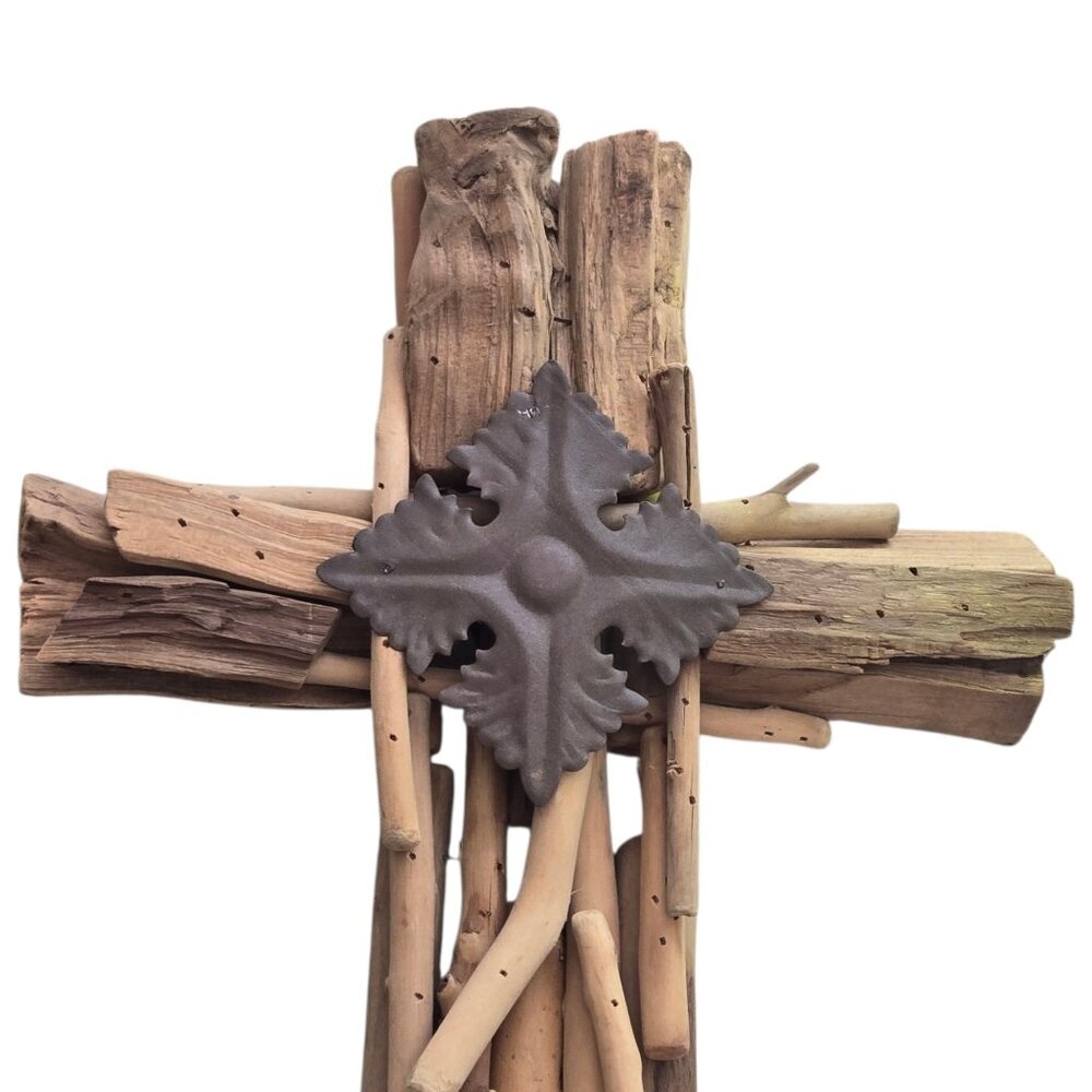Rustic Driftwood Cross Wall Decor Metal Accent 17 Inch - Picture 2 of 14